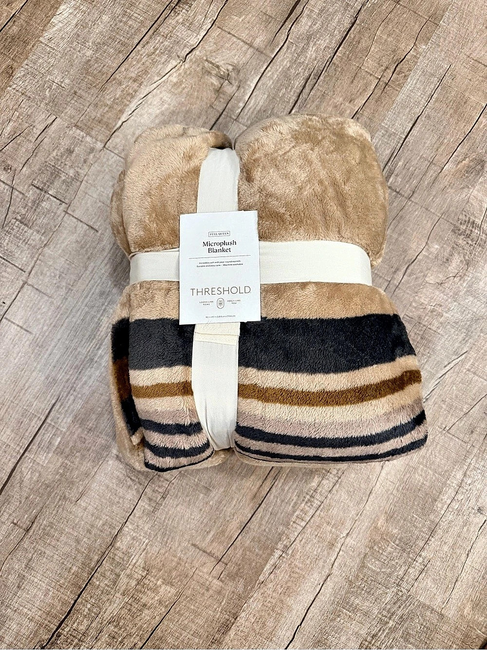Threshold Microplush Blanket Striped Full/Queen Tan Multi Striped Brown & Black